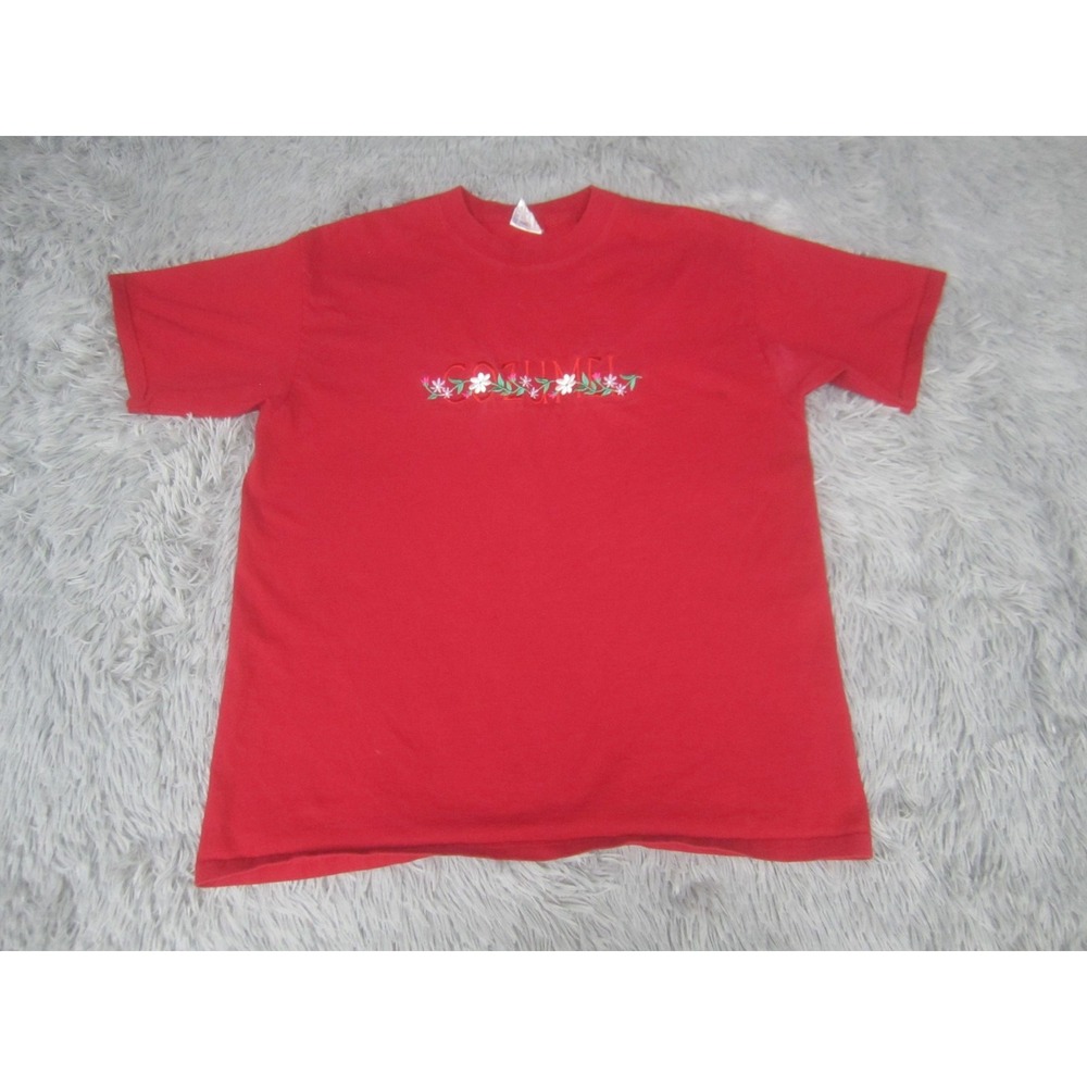 Cozumel Floral Shirt Mens Large Red Embroidered Souvenir Tee Yazbek Mexico